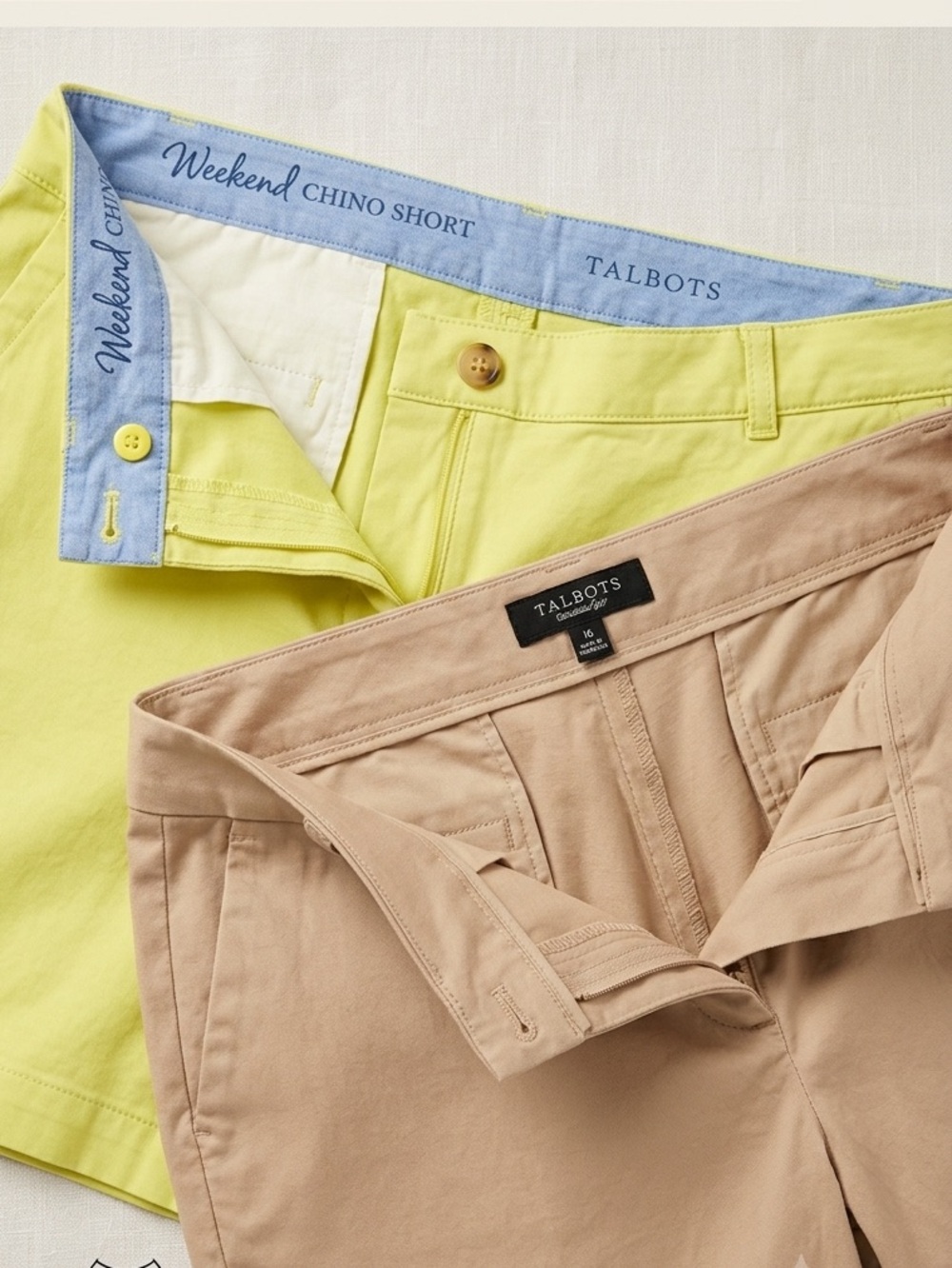 Lot‎ (2) Talbots Yellow Green & Tan  Flat-Front Chino Shorts Size 16
